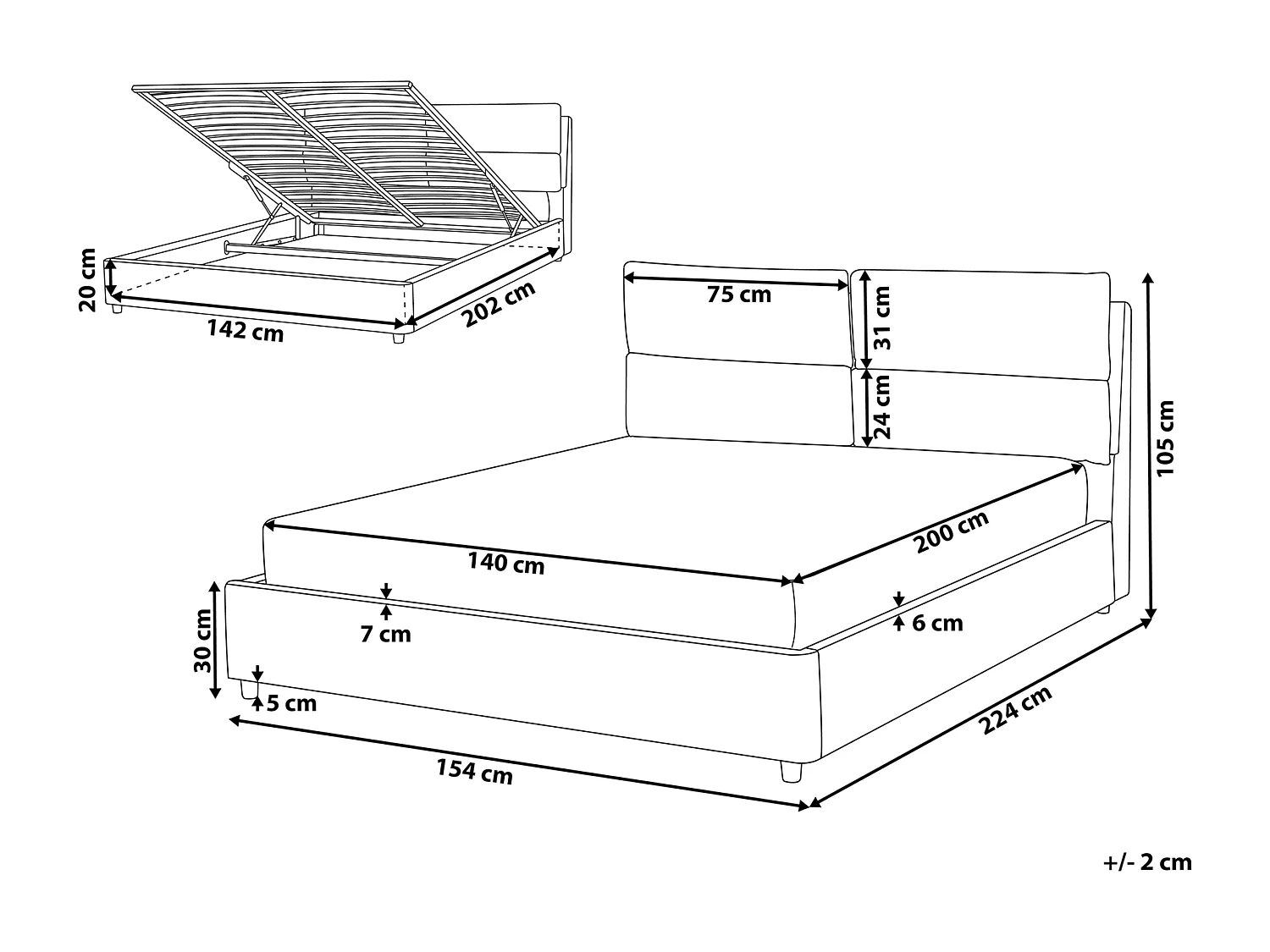 Doppelbett in Hellgrau mit Bettkasten und Lattenrost 140 x 200 cm Batilly