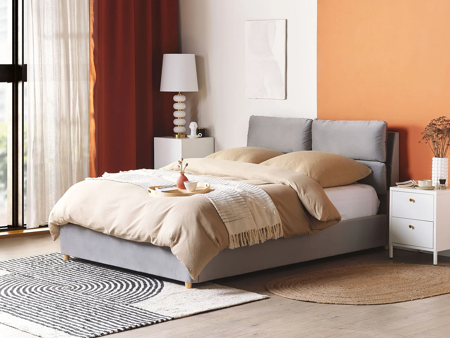 Lit ottoman Velours BATILLY 140 x 200 cm Gris clair