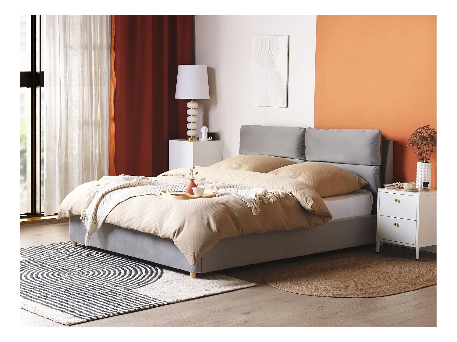 Lit ottoman Velours BATILLY 160 x 200 cm Gris clair