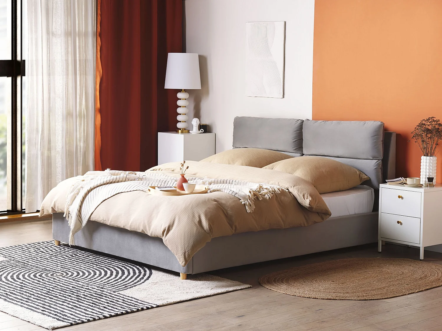 Lit ottoman Velours BATILLY 160 x 200 cm Gris clair