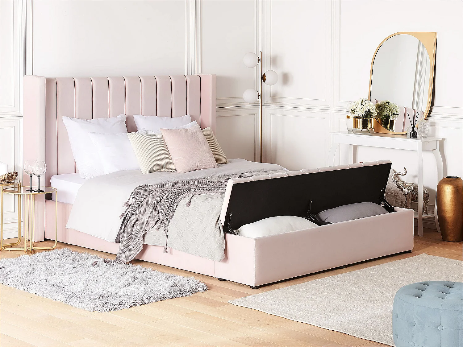 Lit avec banc de rangement Velours NOYERS 180 x 200 cm Rose pastel