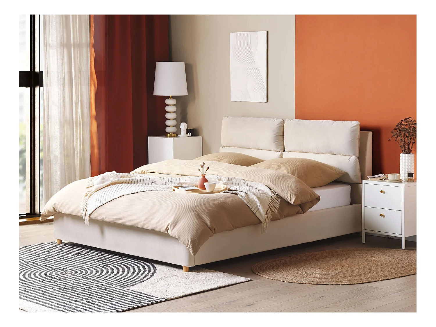 Lit ottoman Velours BATILLY 160 x 200 cm Beige clair