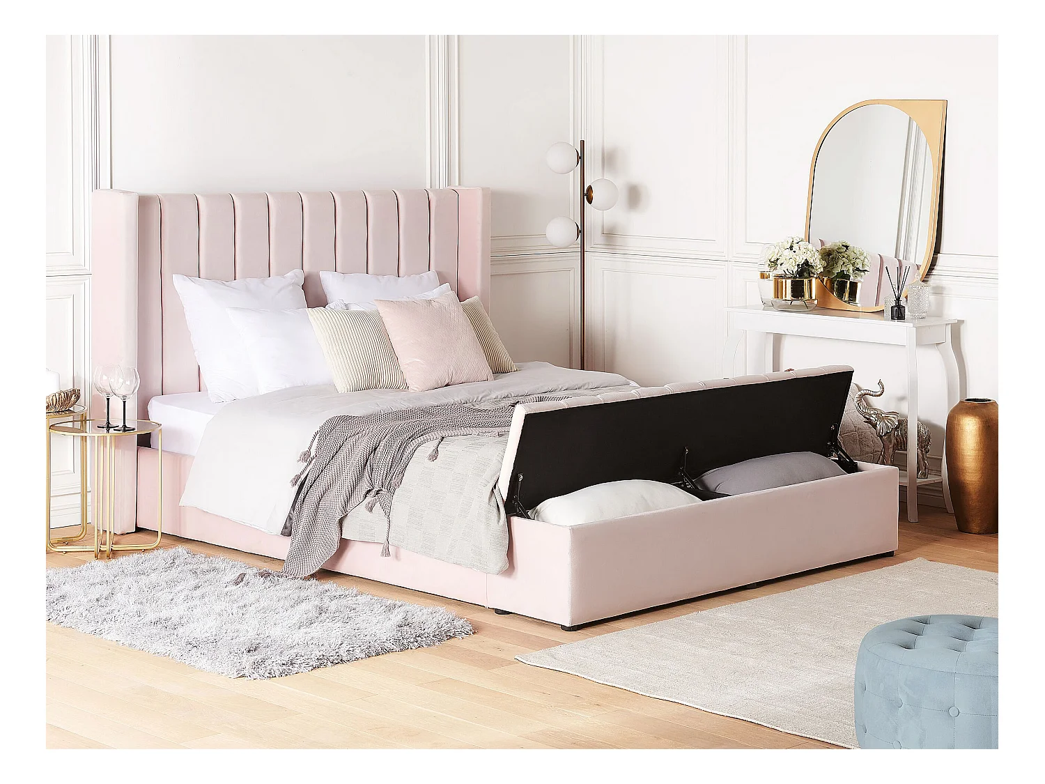 Lit avec banc de rangement Velours NOYERS 160 x 200 cm Rose pastel