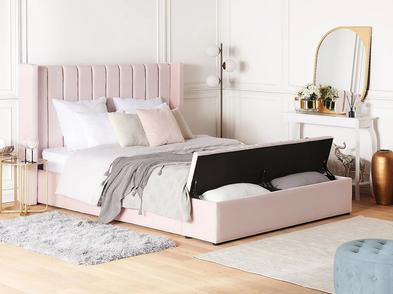 Lit avec banc de rangement Velours NOYERS 160 x 200 cm Rose pastel