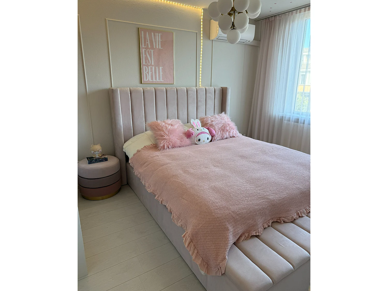Lit avec banc de rangement Velours NOYERS 160 x 200 cm Rose pastel