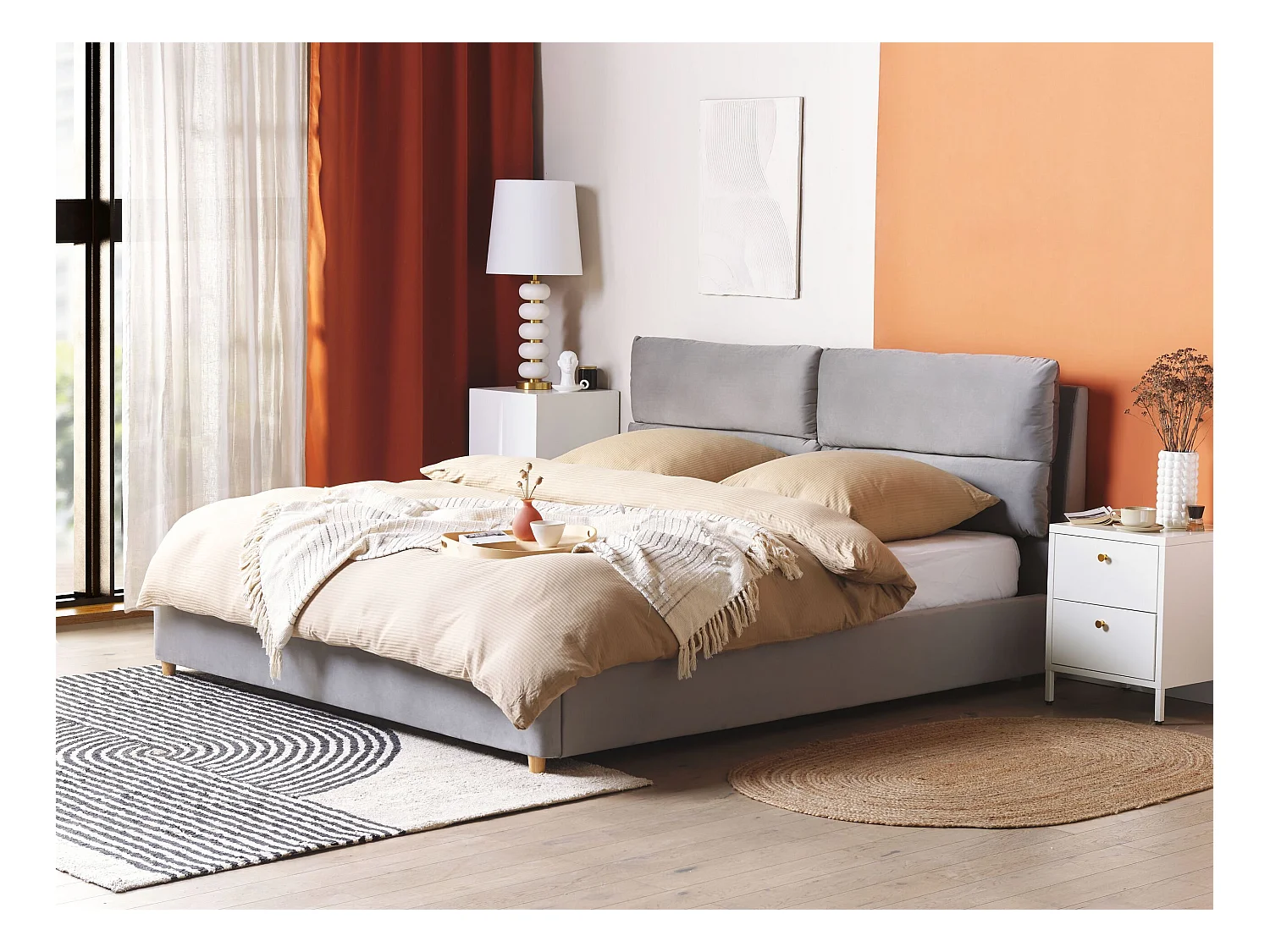 Cama con almacenaje Terciopelo BATILLY 180 x 200 cm Gris claro