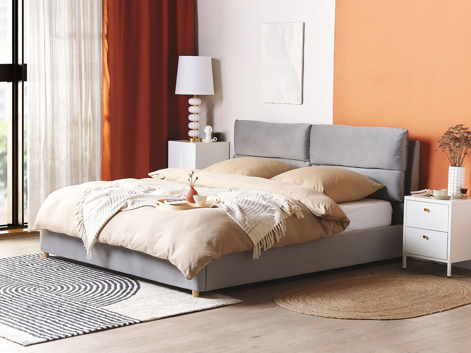 Lit ottoman Velours BATILLY 180 x 200 cm Gris clair