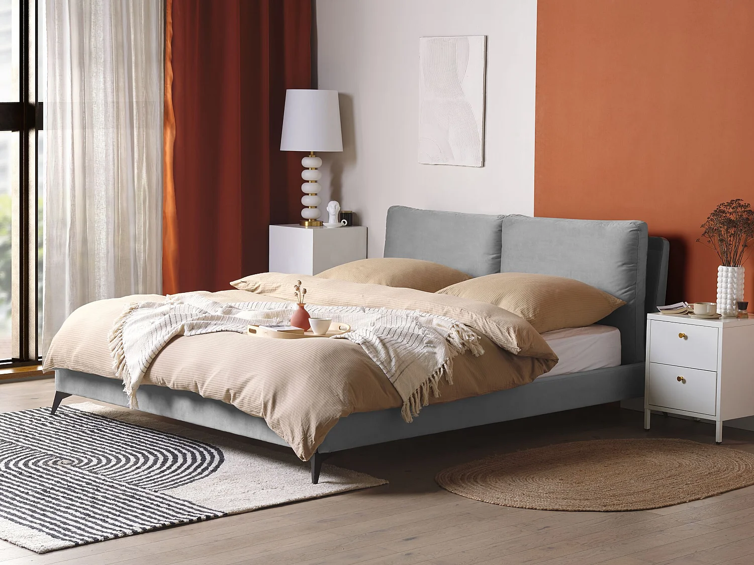 Cama Veludo MELLE 180 x 200 cm Cinzento