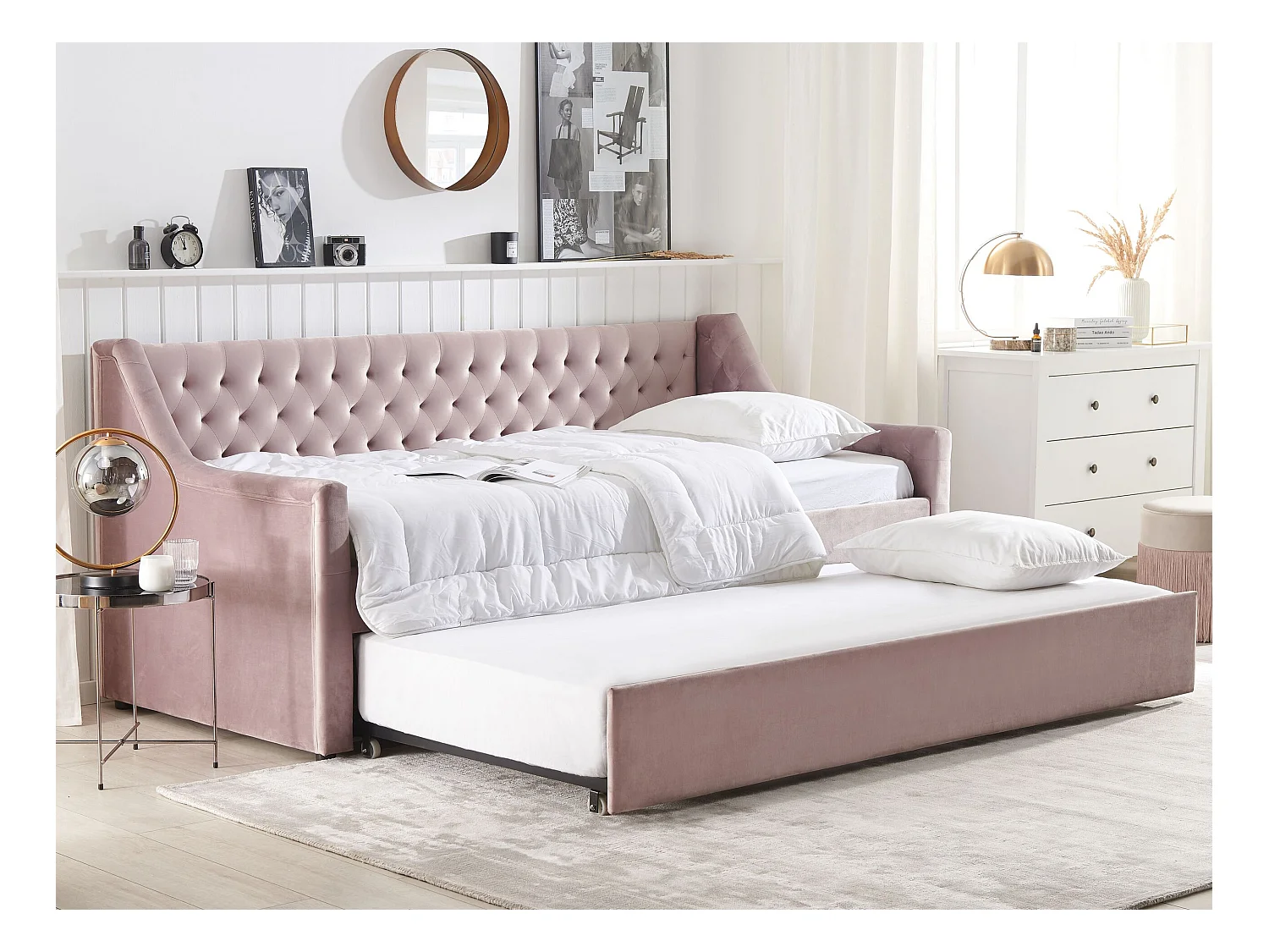 Łóżko wysuwane Welur MONTARGIS 90 x 200 cm Różowy