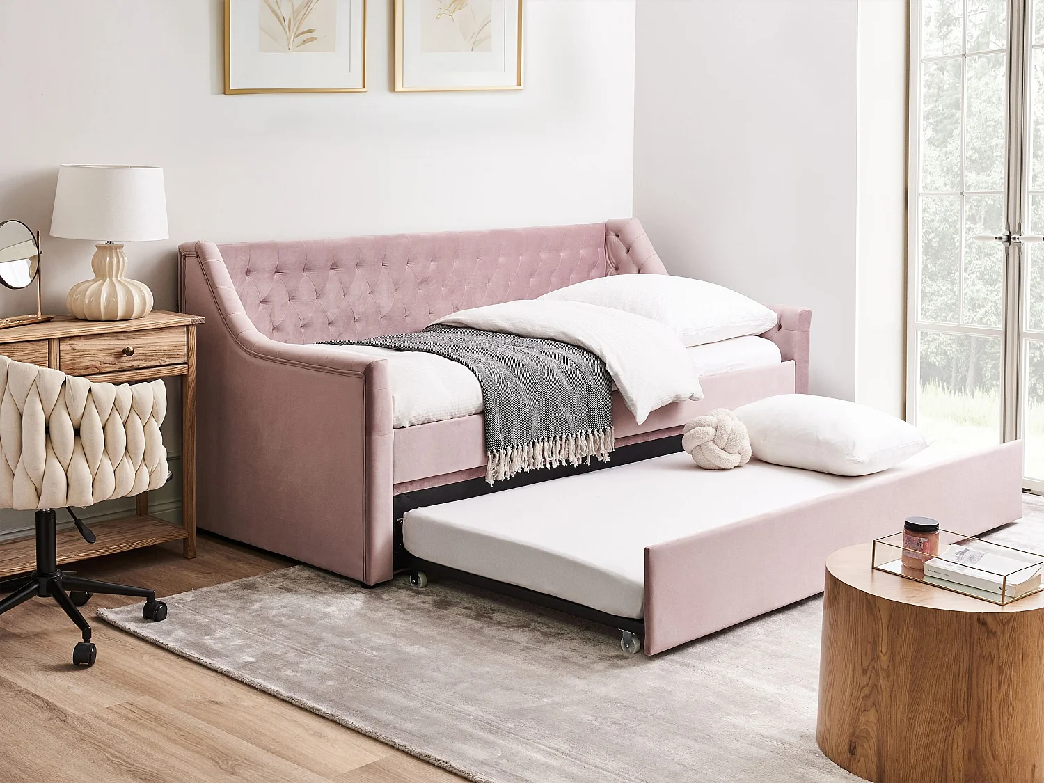 Lit gigogne Velours MONTARGIS 90 x 200 cm Rose