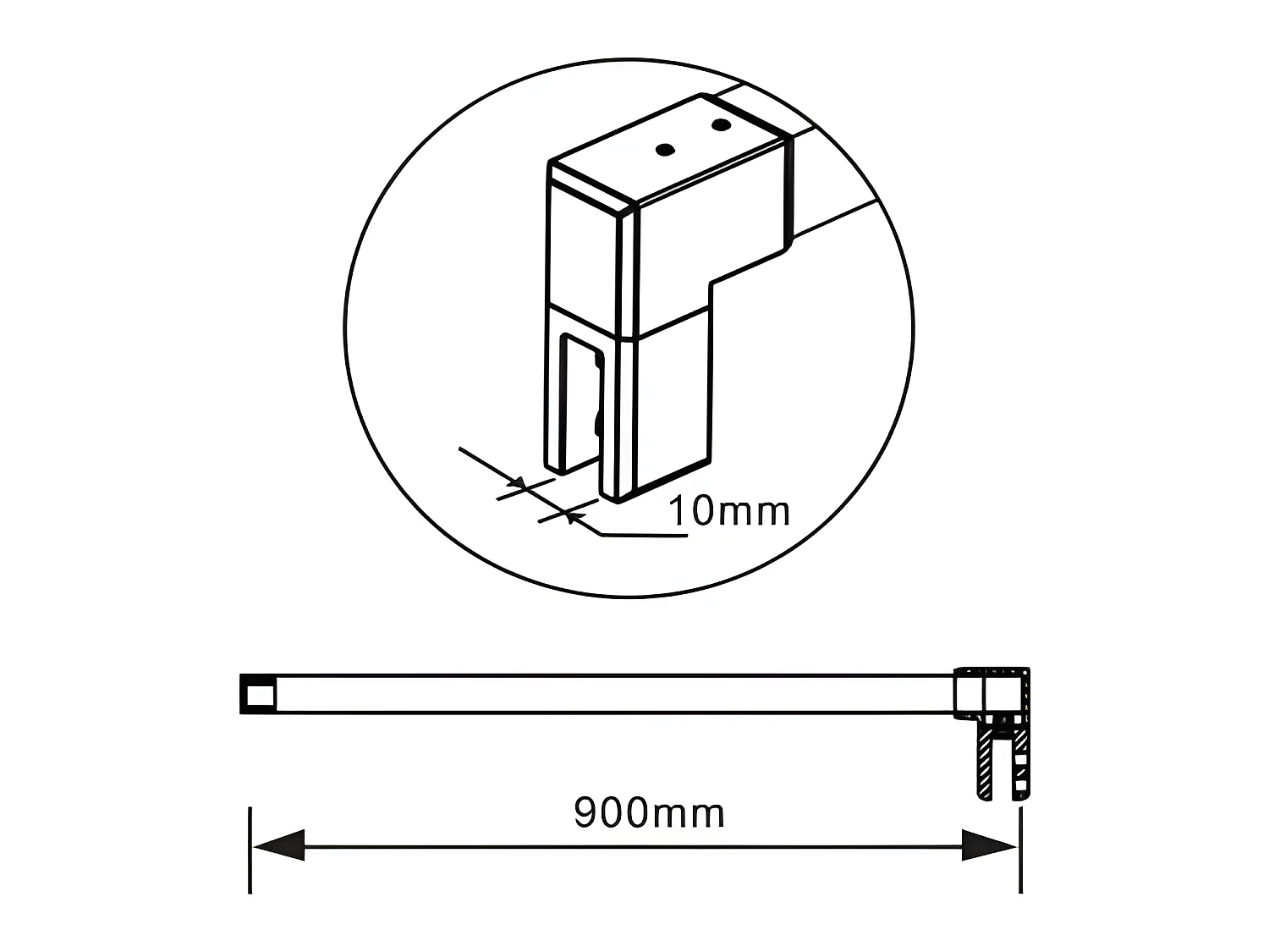 Barre de stabilisation 90cm pour douche à l'italienne, barre de fixation carrée avec la finition NOIR MAT, la pince tournée