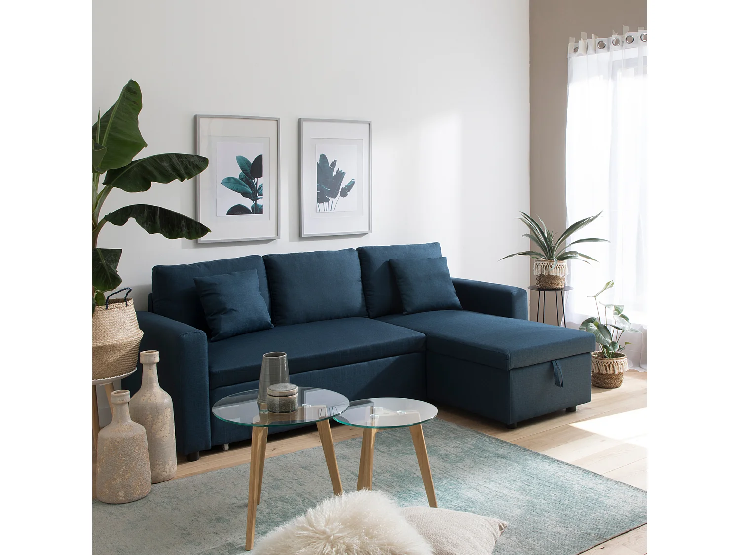 Canapé d'angle convertible 3 places en tissu bleu CLARK