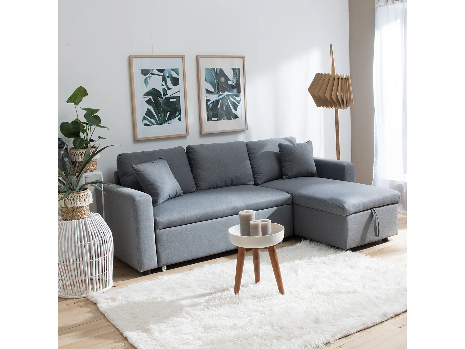 Canapé d'angle convertible 3 places en tissu gris CLARK