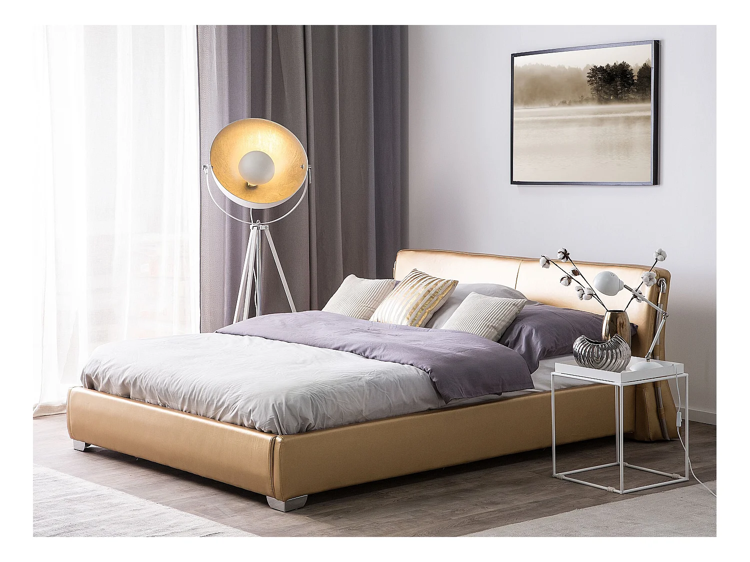 Lit avec sommier Cuir PARIS 140 x 200 cm Doré