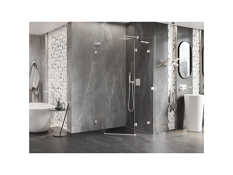 Mexen Lunar L cabine de duche pentagonal basculante direita 100 x 100 cm, transparente, branca - 831L-100P-100L-20-00-P