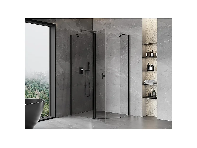Mexen Mist cabine de douche pentagonale asymétrique pivotante 100 x 80 cm, transparente, noire - 8A8-100-080-70-00