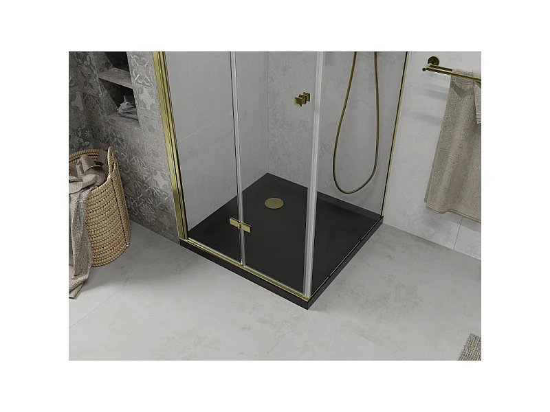 Mexen Lima cabina de ducha plegable 80 x 80 cm, transparente, dorada + plato de ducha Flat, negro - 856-080-080-50-00-4070G