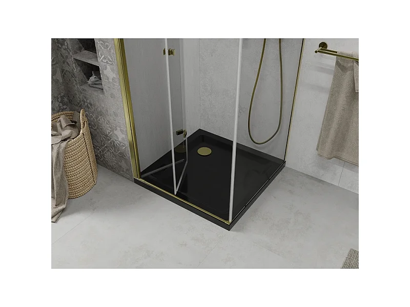 Mexen Lima cabina de ducha plegable 80 x 80 cm, transparente, dorada + plato de ducha Flat, negro - 856-080-080-50-00-4070G