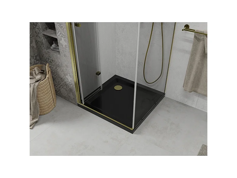 Mexen Lima cabina de ducha plegable 80 x 80 cm, transparente, dorada + plato de ducha Flat, negro - 856-080-080-50-00-4070G