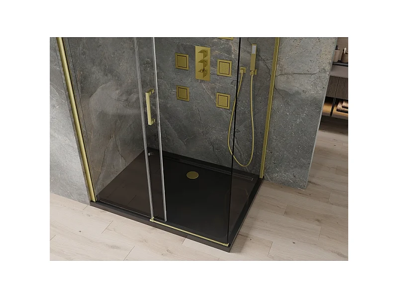 Mexen Omega cabine de douche coulissante 100 x 90 cm, transparent, or + receveur Flat, noir - 825-100-090-50-00-4070G