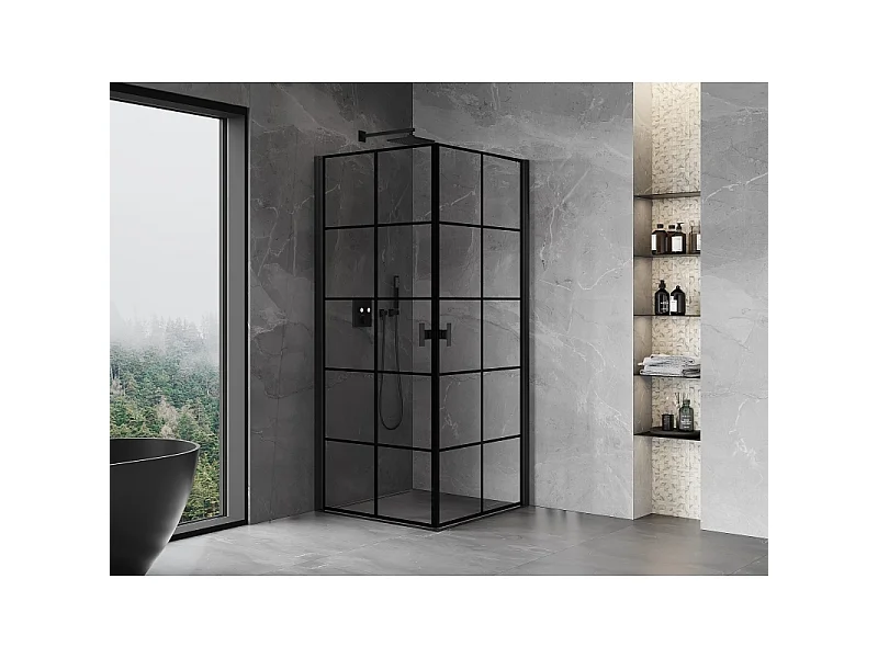 Mexen Mist-B Duo brusekabine, svingdør 80 x 80 cm, sort gitter, sort - 8A2-080L-080P-70-77