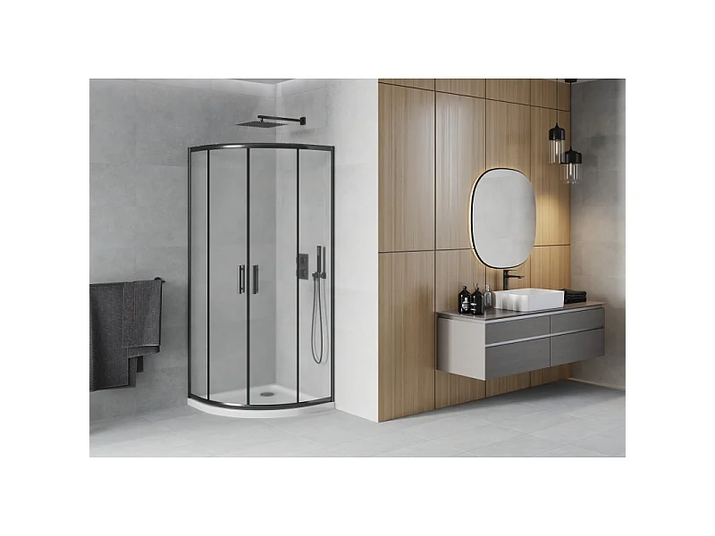 Mexen Rio cabine de douche semi-circulaire 80 x 80 cm, givrée, noire + receveur plat, blanc - 863-080-080-70-30-4110B