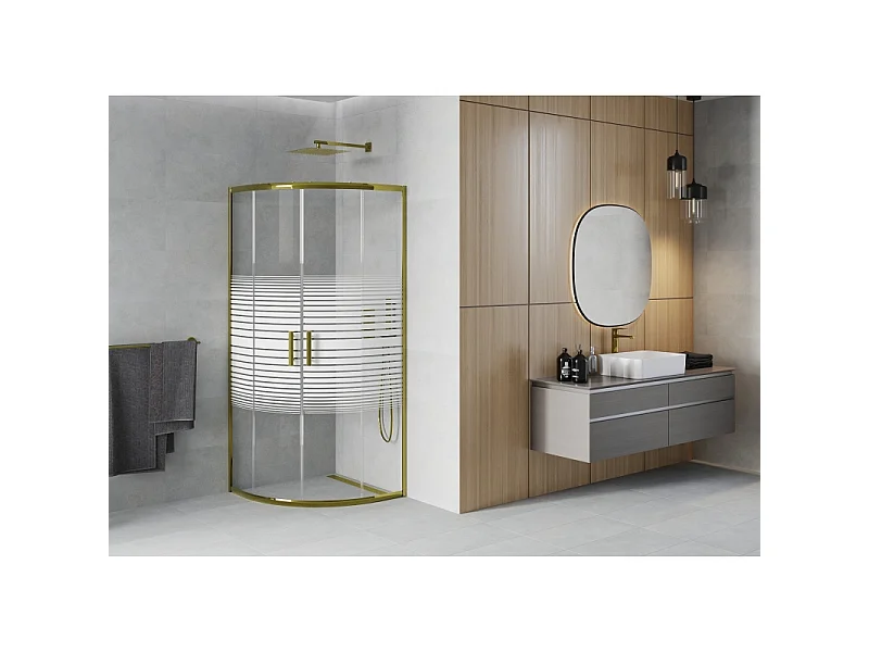 Mexen Rio cabine de duche semicircular 70 x 70 cm, faixas brancas, dourada - 863-070-070-50-20