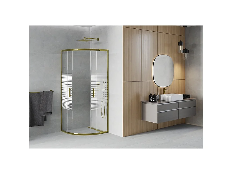 Mexen Rio cabine de duche semicircular 70 x 70 cm, faixas brancas, dourada - 863-070-070-50-20