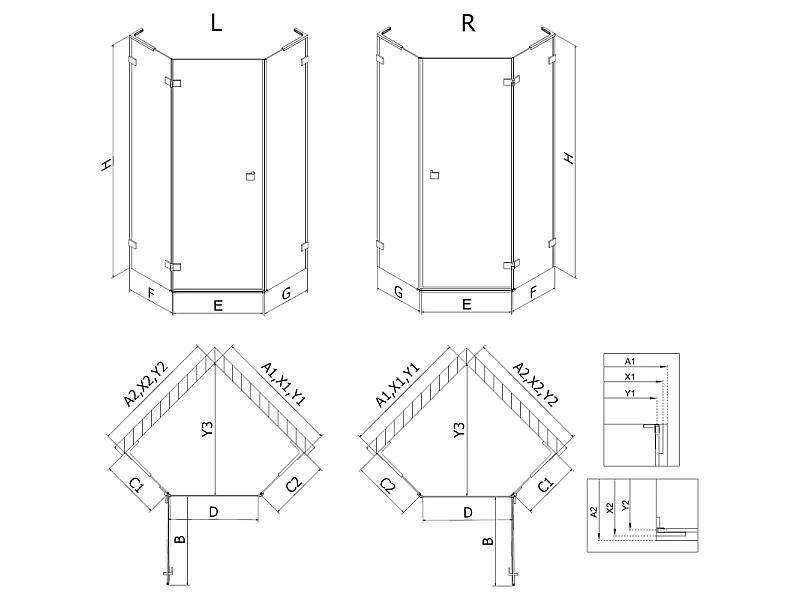 Mexen Lunar L rechte fünfeckige Duschkabine 90 x 90 cm, transparent, gebürstetes Kupfer - 831L-090P-090L-65-00-P