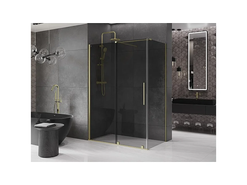 Mexen Velar schuifdouchecabine 140 x 75 cm, grafiet, geborsteld goud - 871-140-075-41-55