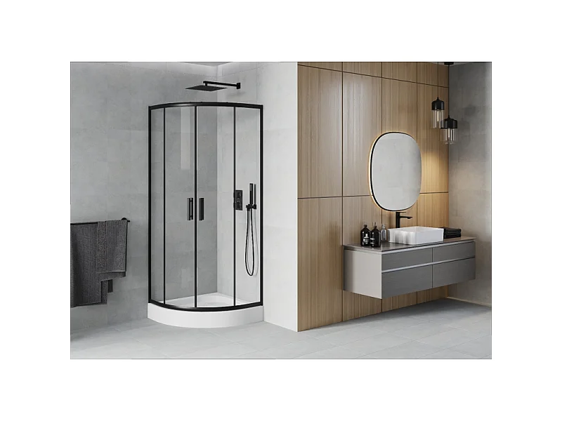 Mexen Rio halfronde douchecabine 70 x 70 cm, transparant, zwart + douchebak, wit - 863-070-070-70-00-4710