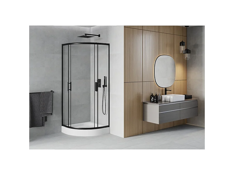 Mexen Rio halfronde douchecabine 70 x 70 cm, transparant, zwart + douchebak, wit - 863-070-070-70-00-4710
