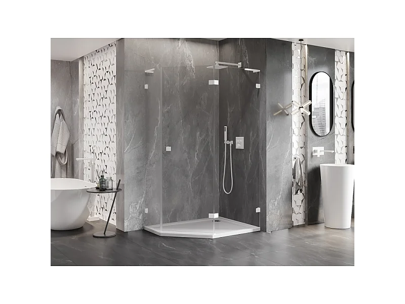 Mexen Lunar L cabine de douche pentagonale pivotante droite 100 x 80 cm, transparent, blanc - 831L-100P-080L-20-00-P