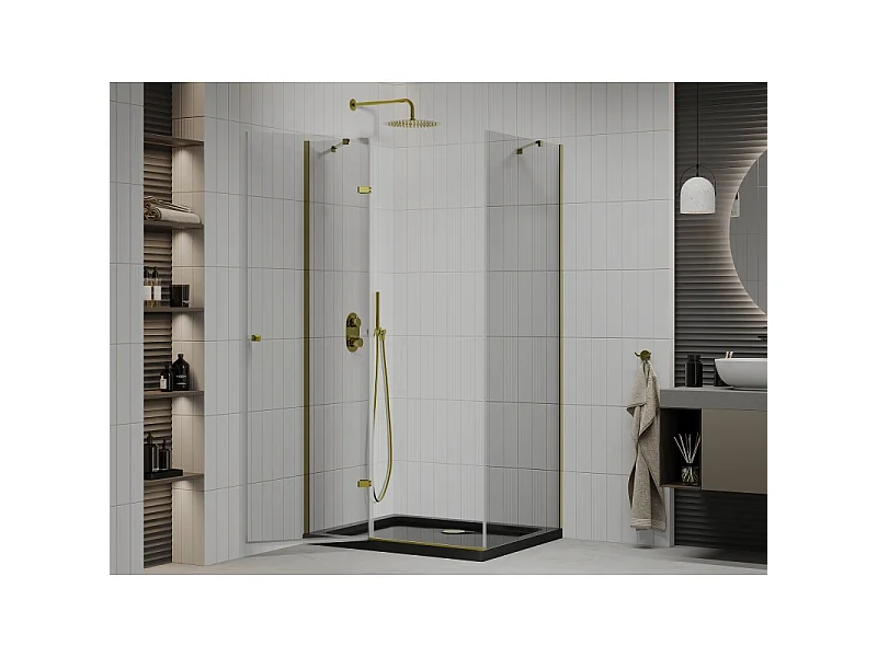 Mexen Roma cabine de douche battante 120 x 80 cm, transparente, dorée + receveur plat, noir - 854-120-080-50-00-4070G