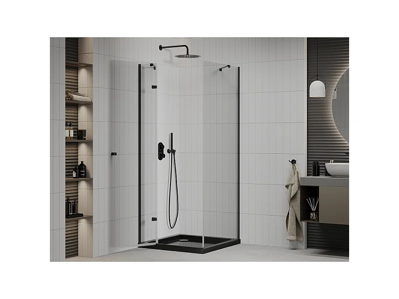 Mexen Roma schuifdeur douchecabine 80 x 80 cm, transparant, zwart + Flat douchebak, zwart - 854-080-080-70-00-4070B