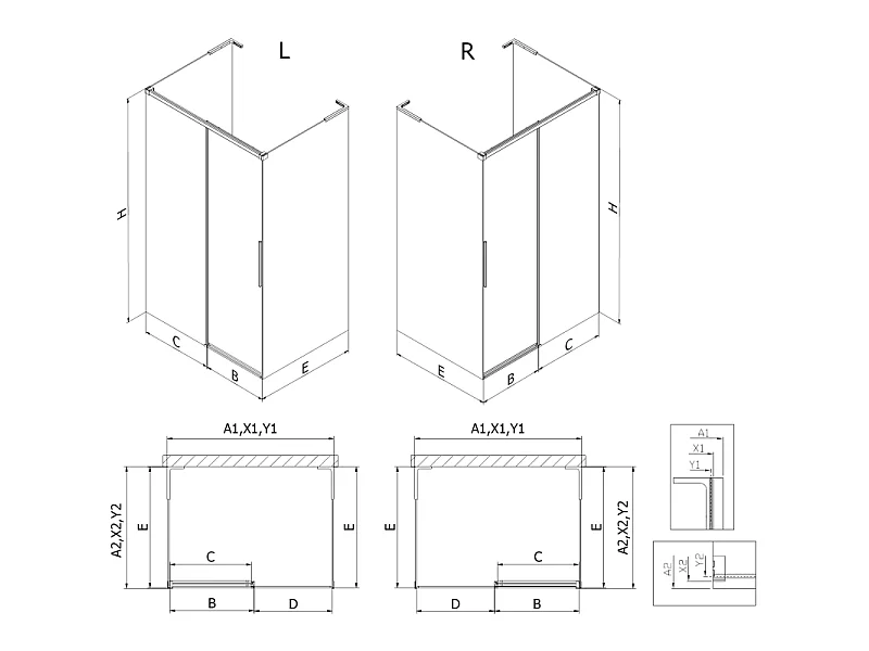 Mexen Rox-3S L 3-wandige uitschuifbare douchecabine 105 x 100 cm, transparant, goud - 8C2L-105-100-50-00-3S