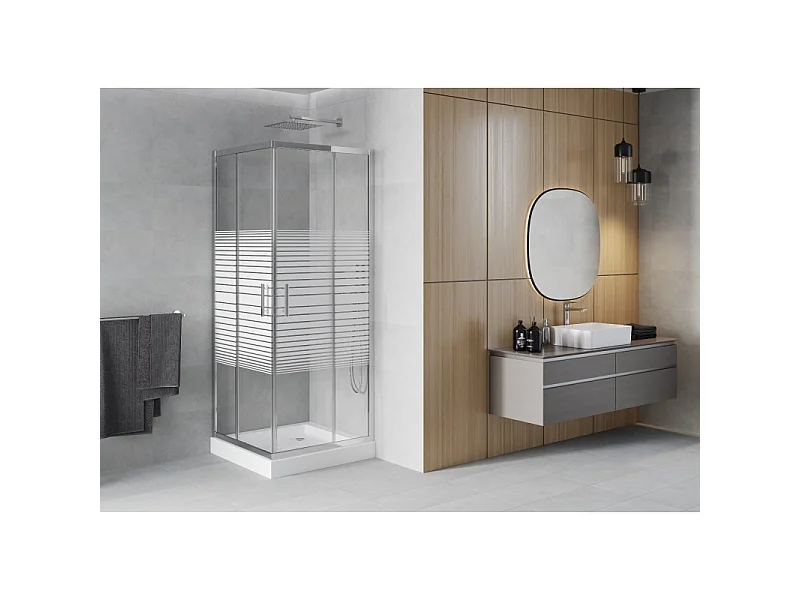 Mexen Rio vierkante douchecabine 70 x 70 cm, witte strepen, chroom + douchebak, wit - 860-070-070-01-20-4510