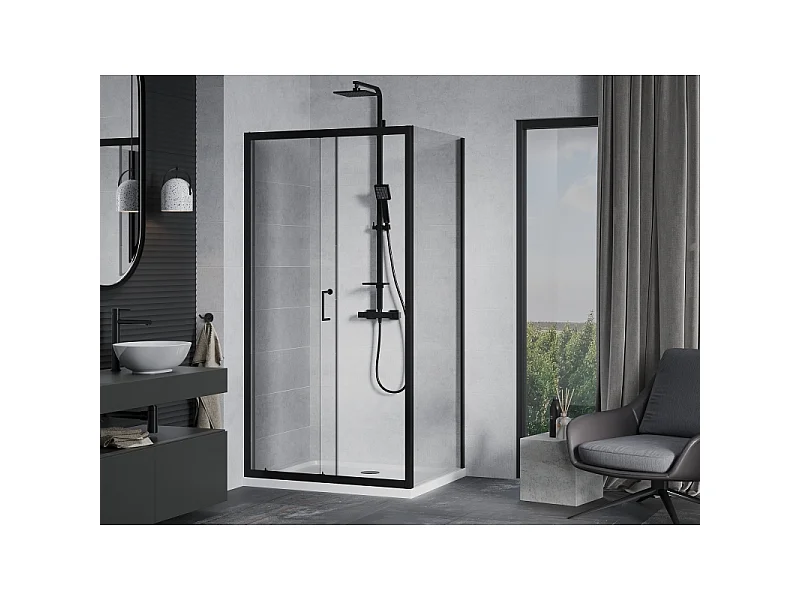 Mexen Apia schuifbare douchecabine 90 x 70 cm, transparant, zwart + Flat douchebak, wit - 840-090-070-70-00-4010B