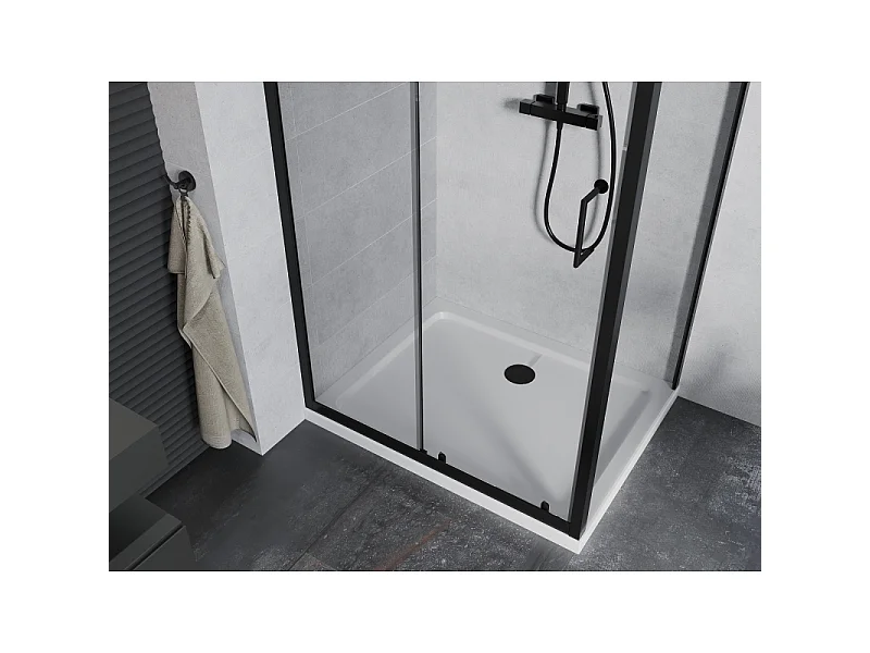 Mexen Apia schuifbare douchecabine 90 x 70 cm, transparant, zwart + Flat douchebak, wit - 840-090-070-70-00-4010B