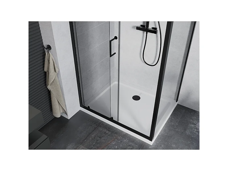 Mexen Apia schuifbare douchecabine 90 x 70 cm, transparant, zwart + Flat douchebak, wit - 840-090-070-70-00-4010B
