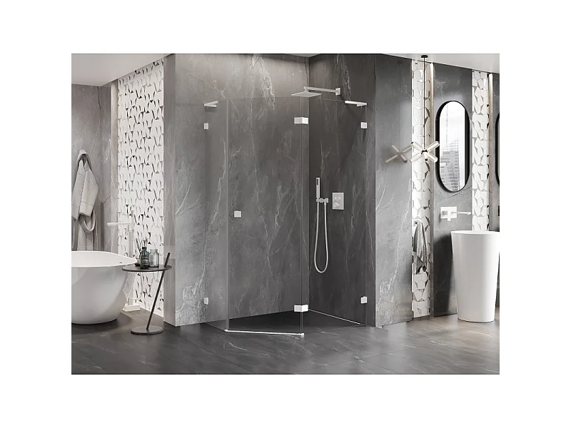 Mexen Lunar L cabine de douche pentagonale pivotante droite 90 x 80 cm, transparent, blanc - 831L-090P-080L-20-00-P
