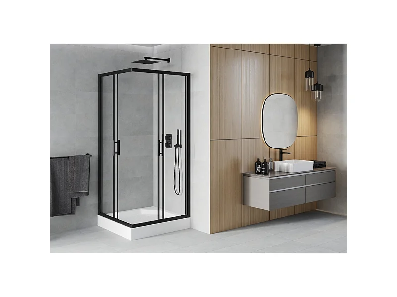 Mexen Rio vierkante douchecabine 90 x 90 cm, transparant, zwart + douchebak, wit - 860-090-090-70-00-4510