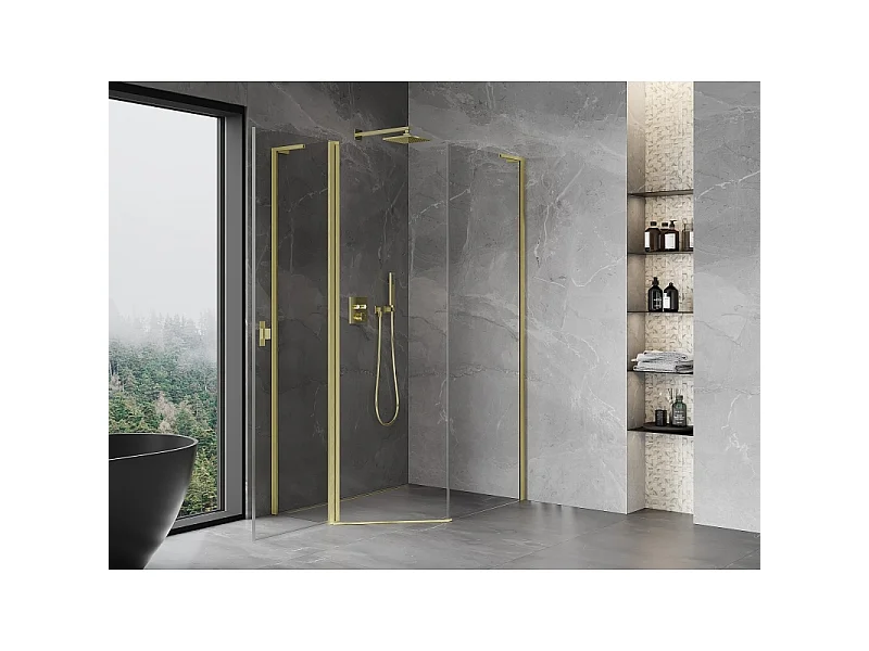 Mexen Mist L cabine de douche pentagonale asymétrique pivotante 80x90 cm, transparent, or brossé - 8A8L-080-090-55-00