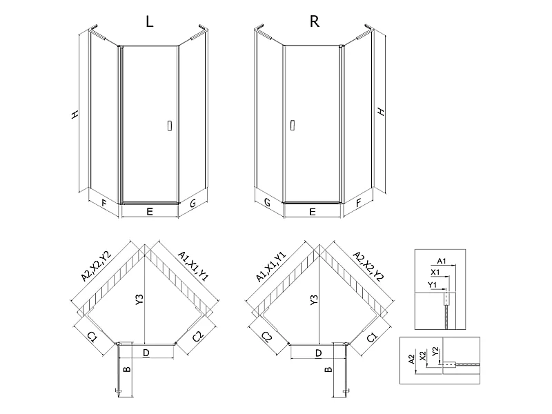 Mexen Mist L pentagonal shower enclosure left hinge 100 x 100 cm, black frame, black - 8A8L-100-100-70-70-L