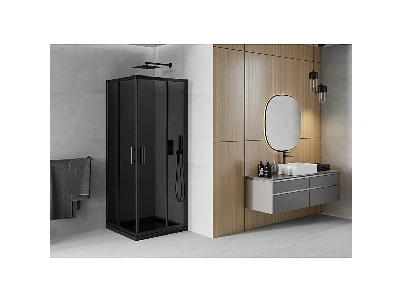 Mexen Rio kabina prysznicowa kwadratowa 90 x 90 cm, grafit, czarna + brodzik Flat, czarny - 860-090-090-70-40-4070B