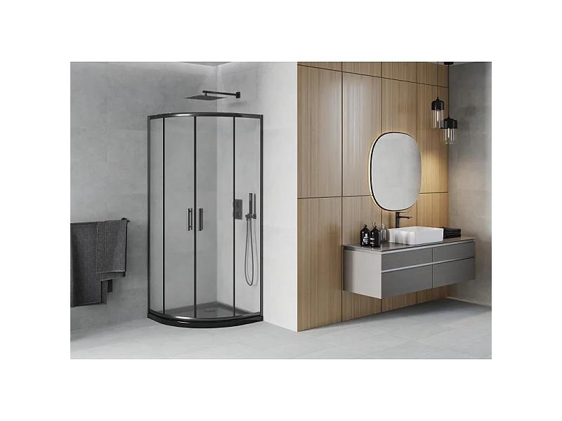 Mexen Rio halvrund brusekabine 90 x 90 cm, frostet, sort + Flat bundkar, sort - 863-090-090-70-30-4170B