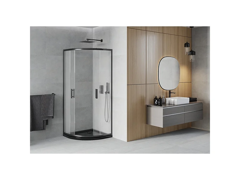 Mexen Rio halvrund brusekabine 90 x 90 cm, frostet, sort + Flat bundkar, sort - 863-090-090-70-30-4170B