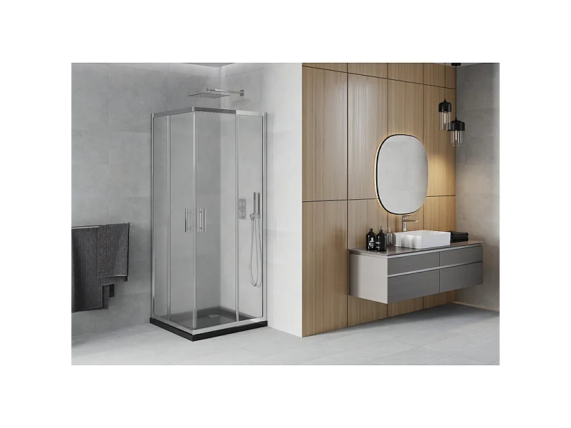 Mexen Rio kabina prysznicowa kwadratowa 90 x 90 cm, szron, chrom + brodzik Flat, czarny - 860-090-090-01-30-4070