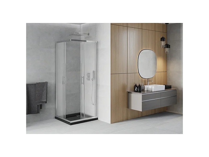 Mexen Rio kabina prysznicowa kwadratowa 90 x 90 cm, szron, chrom + brodzik Flat, czarny - 860-090-090-01-30-4070