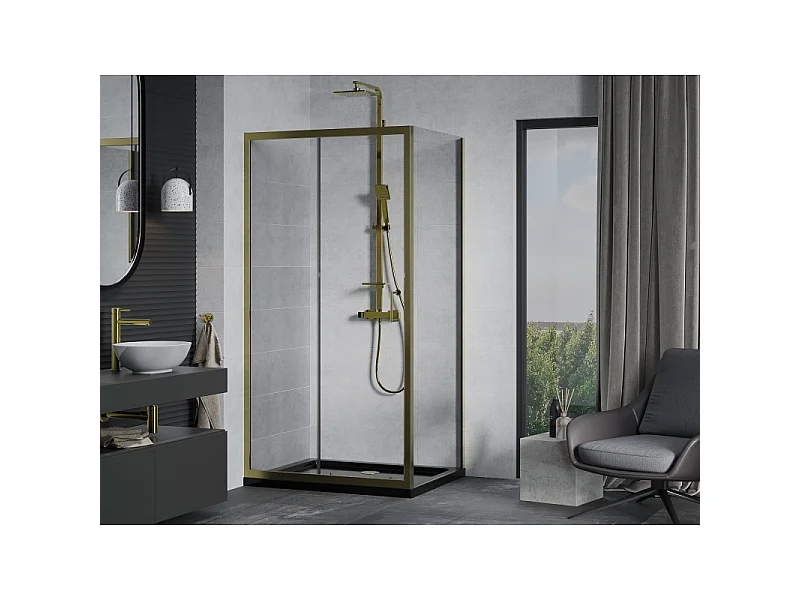 Mexen Apia skydedør brusekabine 140 x 90 cm, transparent, guld + Flat brusekar, sort - 840-140-090-50-00-4070G